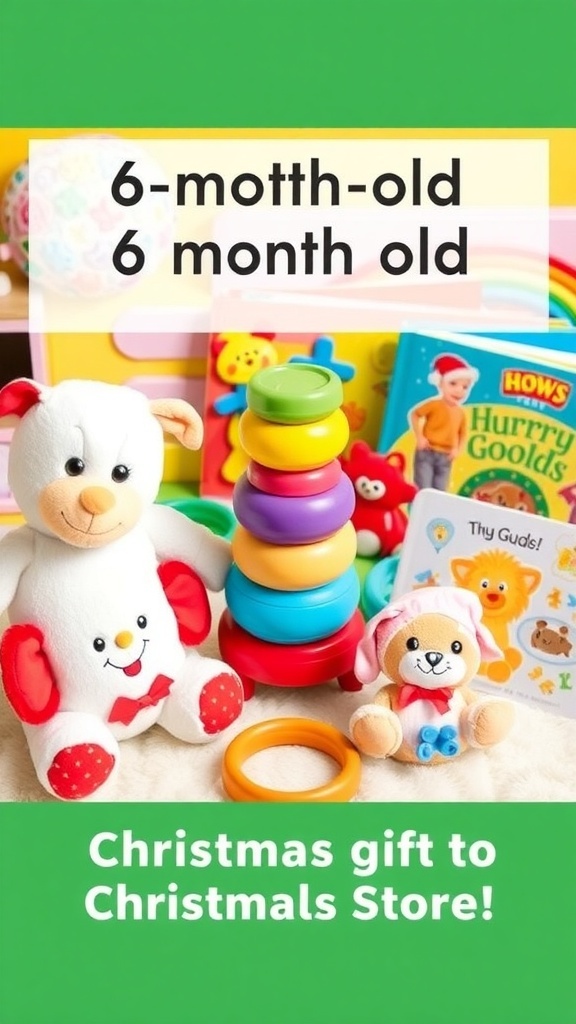Creative Christmas Gift Ideas for 6-Month-Old Babies A variety of safe and colorful toys for 6-month-old babies, including plush toys and stacking rings, on a play mat.
